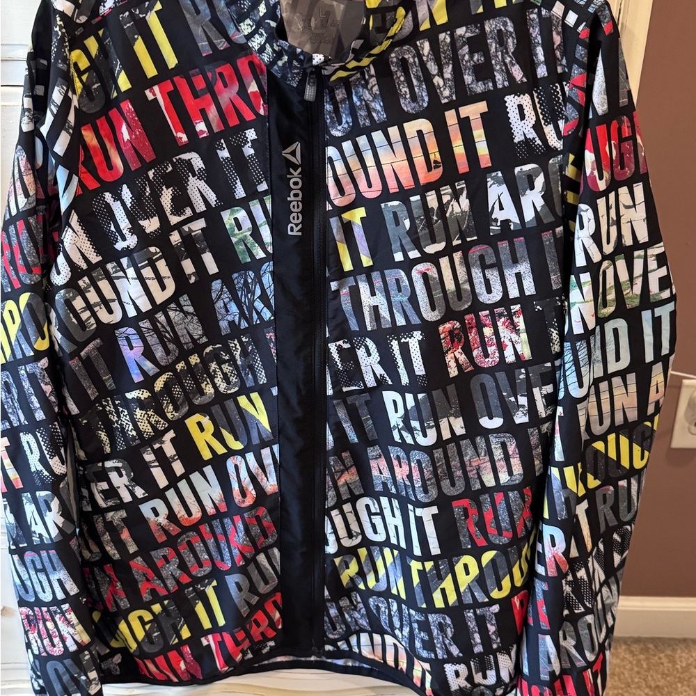 Reebok Black Zip Hoodie with Multicolor 'RUN' Text Print